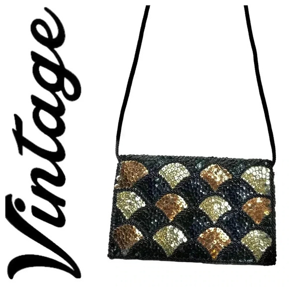 Vintage Macau Sequins Purse by La Regale LTD, Black Gold Fan Pattern - Picture 1 of 16